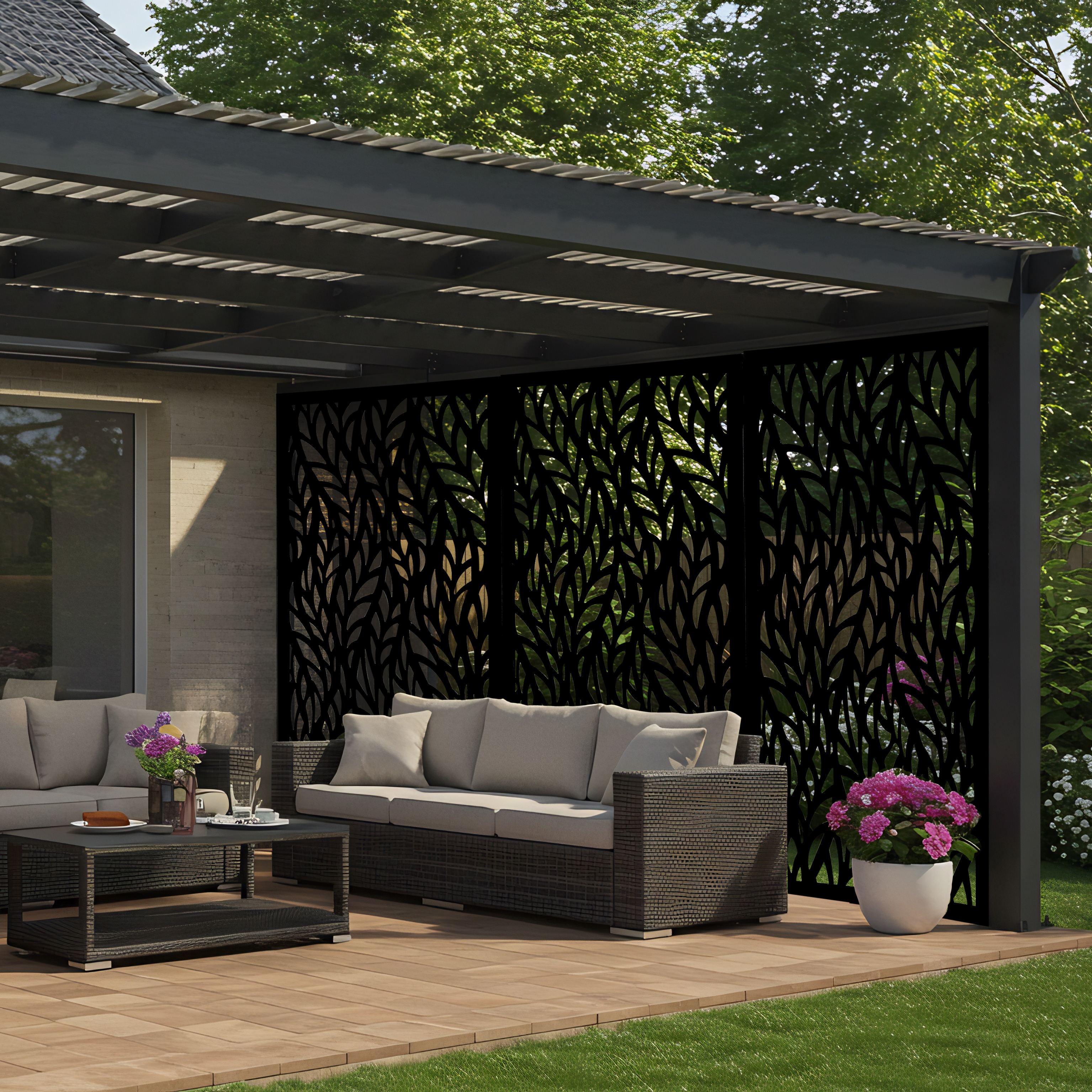 Custom Metal privacy screen in patio setting.