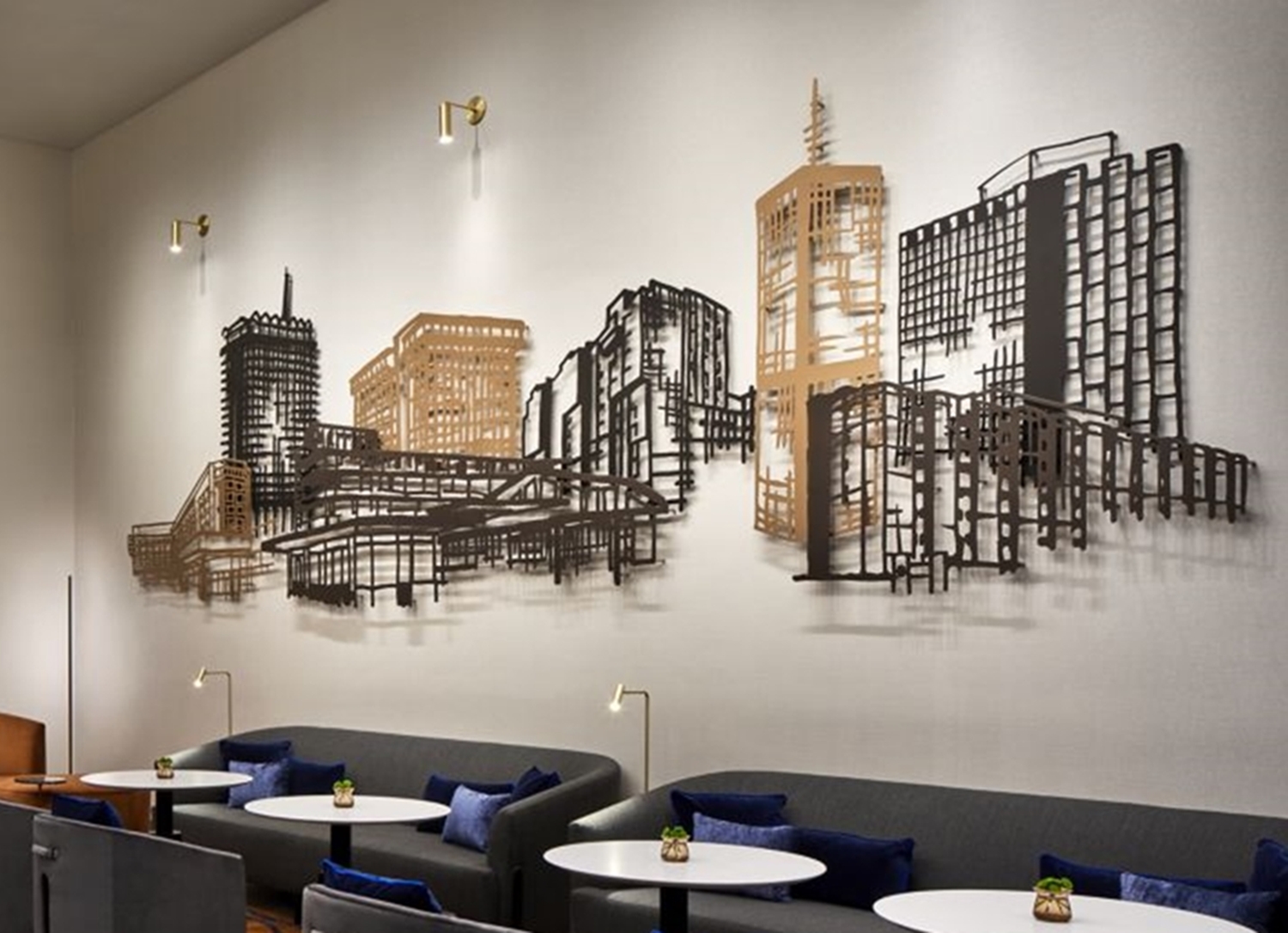 Marriott-Bethesda-M-club-wall-sculpture-cropped Custom metal cityscape wall art by Creative Edge Hospitality Art in the Marriott.