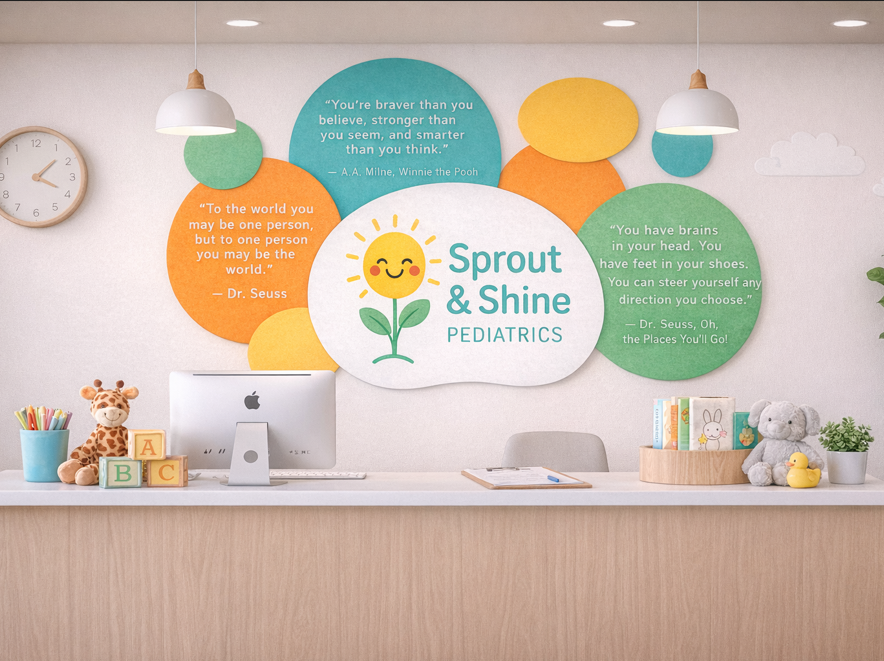 Pediatrician Reception Area Layered Logo Wall for reception area of pediatricians office.